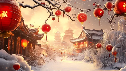 Lantern-lit snow temple glows in a swirling winter festival.