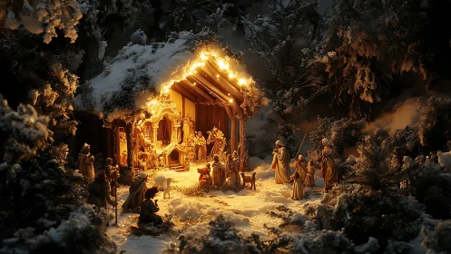 Illuminated nativity scene glows in a tranquil snowy forest.