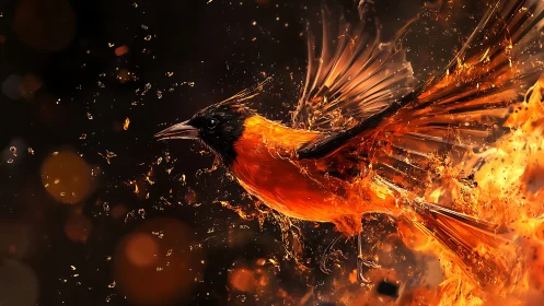 Flame-feathered songbird erupts from molten embers mid-flight