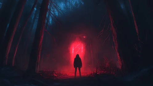 Crimson forest gateway swallowing a lone midnight wanderer.
