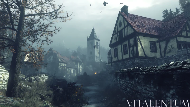 Foggy medieval village street sinks into eerie quiet