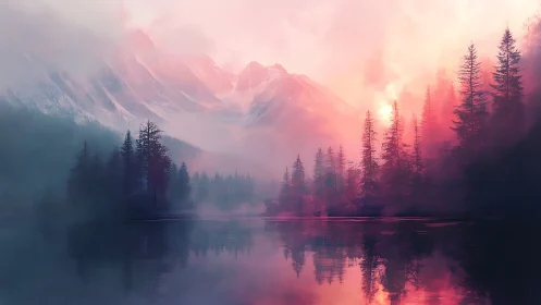 Mist-covered conifer forest reflects on still mountain lake