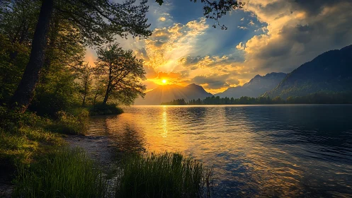High dynamic range alpine lake sunset with silhouetted trees