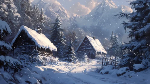 Snow-dusted cabin duet under shy blue mountain daylight.