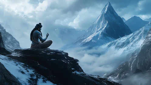Blue-skinned figure in meditation on snowy mountain ledge.