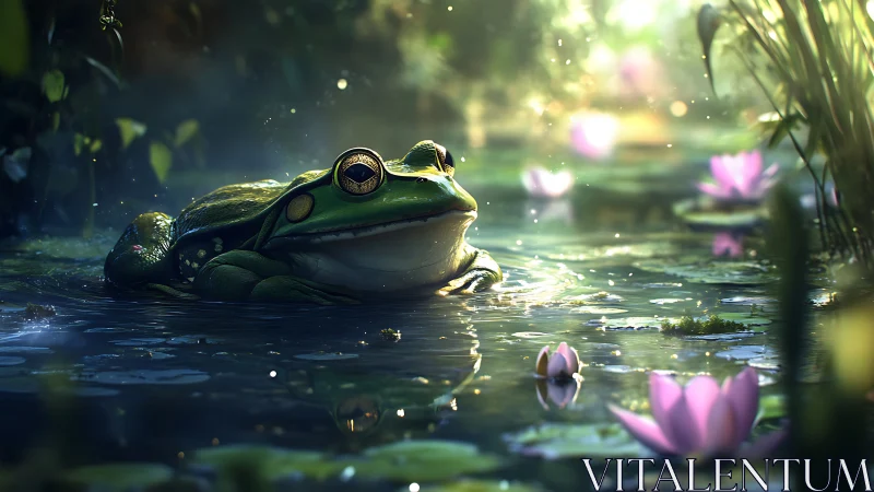 Frog with ornate eye device rests in sunlit lily pond