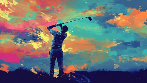 Golfer silhouette swings against vivid abstract sky backdrop