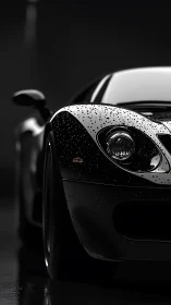 Low key macro study of wet sports car front fascia and headlamp