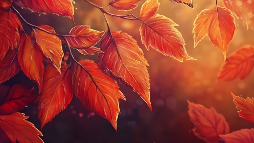 Autumn foliage close-up with orange leaves in soft light.