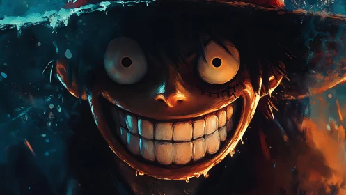 Sinister wide grin dominates stylized anime character portrait