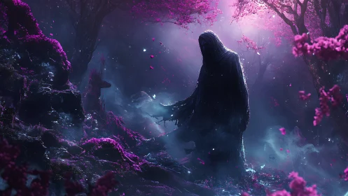 Cloaked wanderer in neon blossom fog, haunting and luminous.