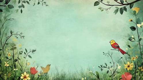 Gentle garden meadow opens around a bright little songbird