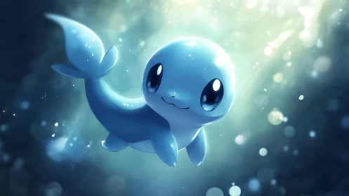 Cute blue cartoon seal floats underwater in glowing light