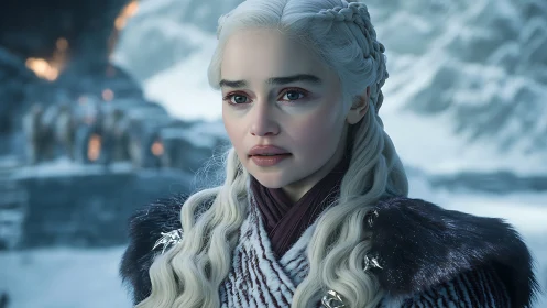 Photorealistic snowbound portrait with braided silver hair focus.