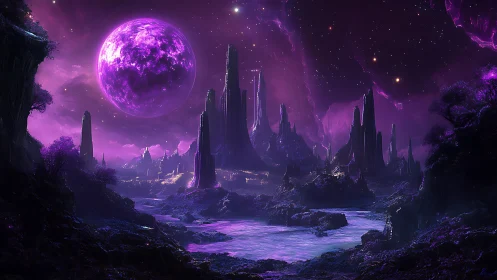 Mystic violet moonrise over luminous alien river valley.