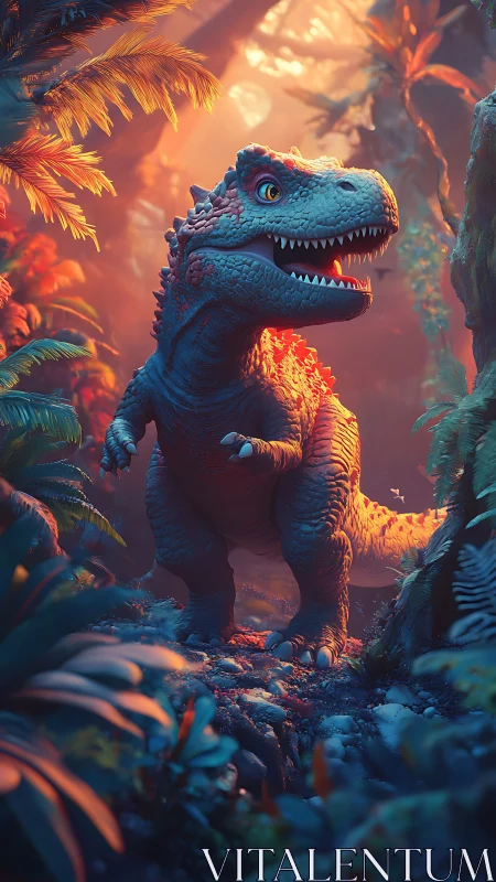 Cartoon tyrannosaurus standing in lush sunset jungle scene.
