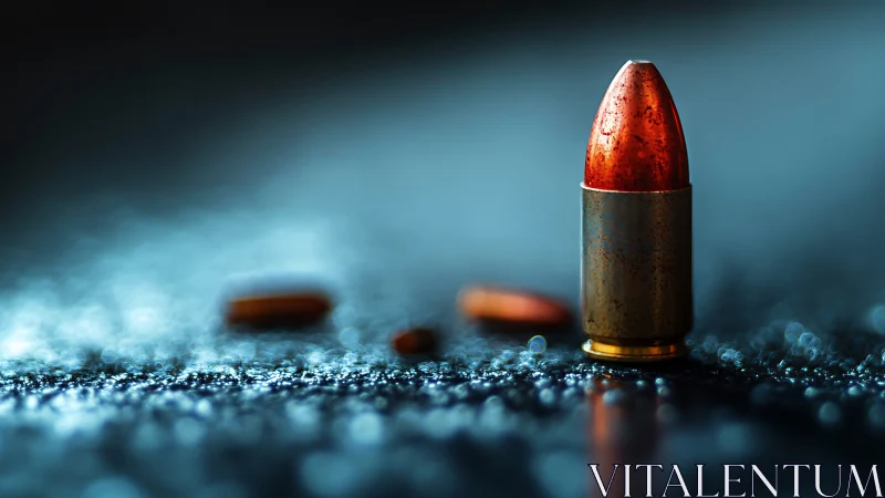 Single handgun bullet on wet reflective surface at night.