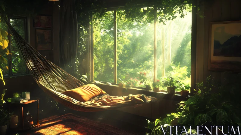 Sunlit hammock sanctuary in a cozy plant filled window nook.