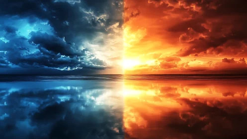 Dramatic split sky over calm water in blue and orange.