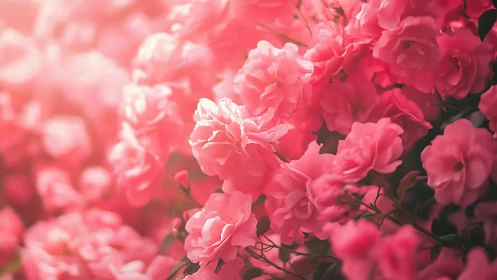Pink garden roses in soft focus bloom with luminous petals.