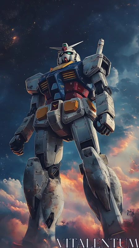 Towering battle mecha stands over blazing cloud horizon