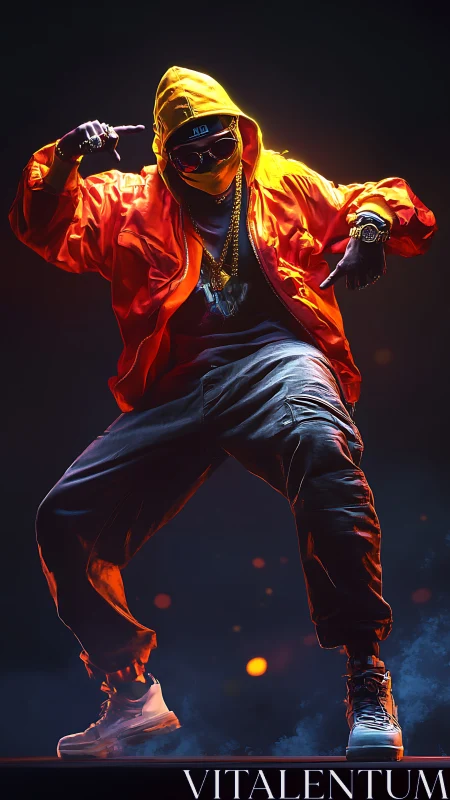 Streetwear dancer in orange jacket under dramatic light.