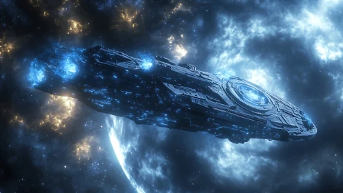 Colossal starship cruising through luminous nebula field.