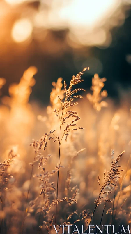 Backlit tall grass stems in shallow focus at sunset field.