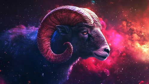 Galactic ram portrait amid neon magenta cosmic clouds.