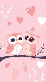 Sweet pink owl couple on branch amid floating hearts.