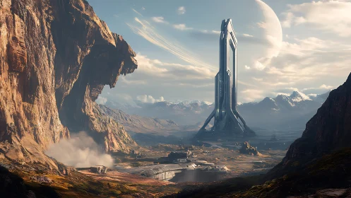 Tower of tomorrow hums over windswept alien canyon