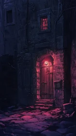 Midnight alleyway hums beneath a single crimson door