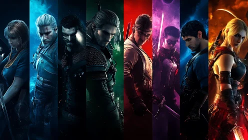 Multichromatic warrior lineup in high-contrast digital tableau.