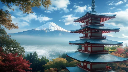 Layered pagoda and Mt. Fuji aligned in crisp autumn atmosphere