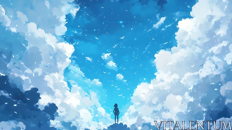 Silhouetted girl stands before towering luminous cloud sky