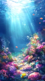 Spectral coral canyon with volumetric caustics and toy submersible.