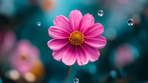 Pink Cosmos Flower with Suspended Water Droplets Against Bokeh Background