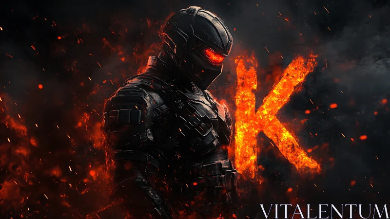 Cyberpunk exosuit warrior with molten K glyph and ember field.