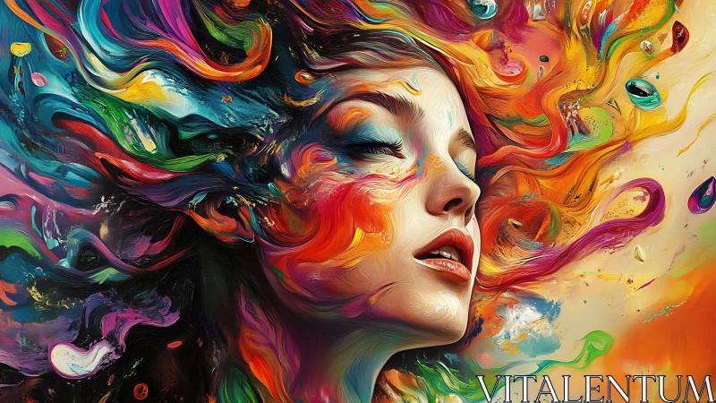 Profile portrait with swirling multicolored abstract strokes.