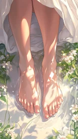 Bare feet in shallow water with floral elements observed