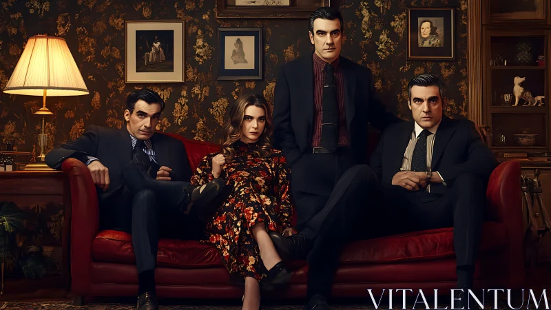 Stylish family portrait on red sofa in moody vintage parlor