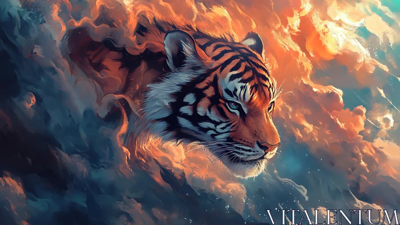 Majestic tiger glides through glowing storm clouds in peace