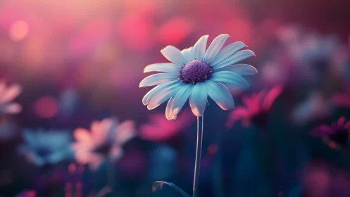 Daisy in Twilight: Ethereal Bloom Against Blurred Magenta.