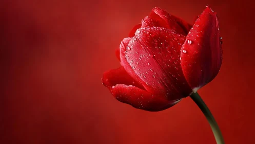 Red Tulip with Dewdrops Against Monochromatic Crimson Background