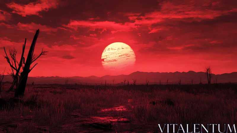Crimson sun setting over a hauntingly calm wild marshland.