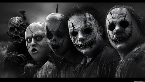 Monochrome lineup of stitched void-eyed horror masks in fog