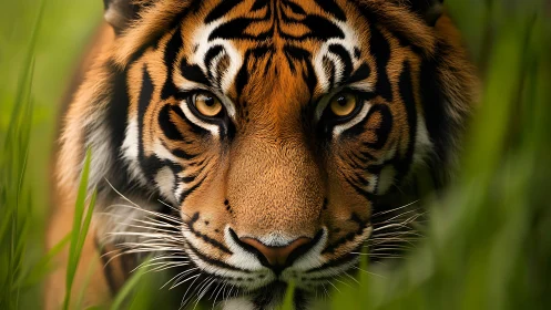 Tiger eyes carve a silent tunnel through emerald grass