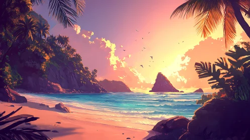 Tropical Paradise Sunset Over Hidden Cove.