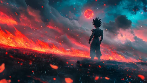 Stargazing warrior beneath a blazing cosmic horizon.