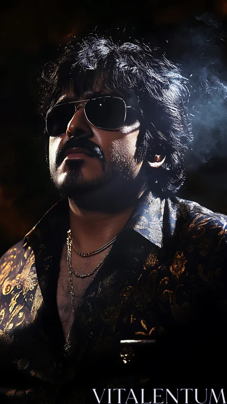 Moody portrait of stylish man in sunglasses and smoke.